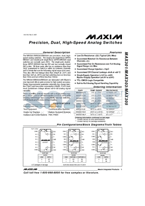 MAX301-MAX305 datasheet - Precision, Dual, High-Speed Analog Switches
