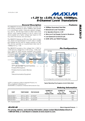 MAX3013EUP datasheet - 1.2V to 3.6V, 0.1uA, 100Mbps, 8-Channel Level Translators
