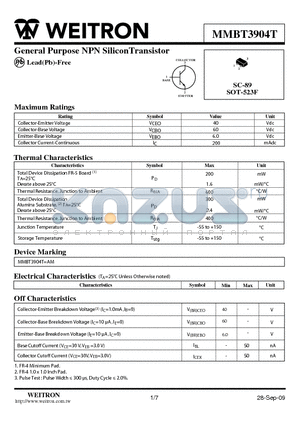 MMBT3904T datasheet - General Purpose NPN SiliconTransistor