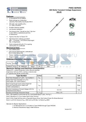 P4KE56 datasheet - 400 Watts Transient Voltage Suppressor Low Dynamic impedance