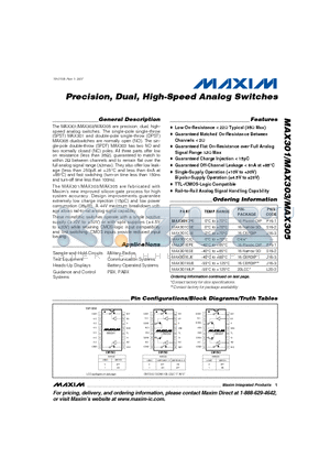 MAX301EPE datasheet - Precision, Dual, High-Speed Analog Switches