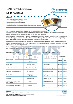 MWR-MWC01GC-01-1000-G datasheet - TaNFilm Microwave Chip Resistor