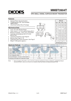 MMBT3904T datasheet - NPN SMALL SIGNAL SURFACE MOUNT TRANSISTOR