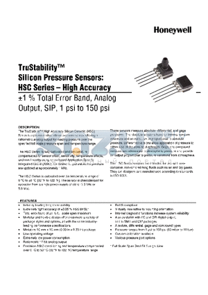 HSCSANN050PGAA3 datasheet - TruStability silicon Pressure Sensors: HSC Series-High Accuracy -1% total Error band,Analog output,SIP,1 psi to 150 psi