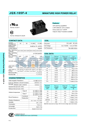JQX-105-4LACNIL1DNIL datasheet - MINIATURE HIGH POWER RELAY