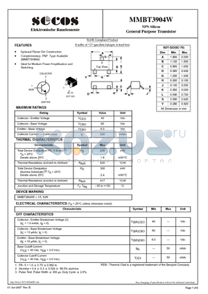 MMBT3904W datasheet - General Purpose Transistor