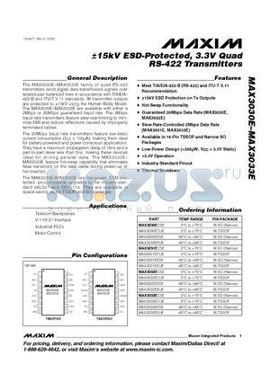 MAX3030 datasheet - a15kV ESD-Protected, 3.3V Quad RS-422 Transmitters