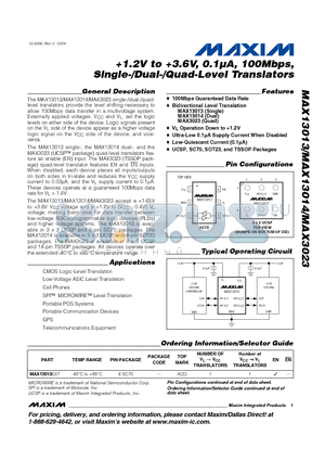 MAX3023 datasheet - 1.2V to 3.6V, 0.1lA, 100Mbps, Single-/Dual-/Quad-Level Translators