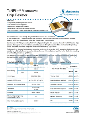 MWR-MWC01GC-02-1000-K datasheet - TaNFilm Microwave Chip Resistor