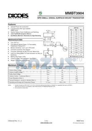 MMBT3904_1 datasheet - NPN SMALL SIGNAL SURFACE MOUNT TRANSISTOR