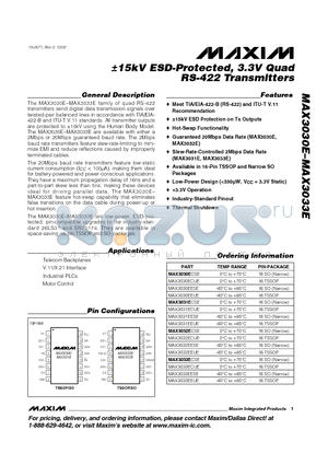 MAX3032EESE datasheet - a15kV ESD-Protected, 3.3V Quad RS-422 Transmitters