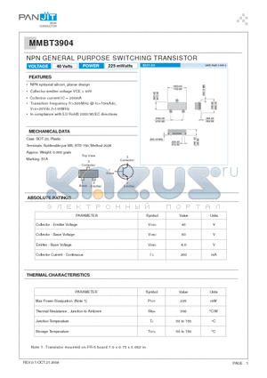 MMBT3904_08 datasheet - NPN GENERAL PURPOSE SWITCHING TRANSISTOR