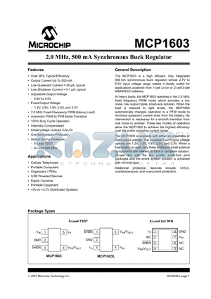 MCP1603-180I/MC datasheet - 2.0 MHz, 500 mA Synchronous Buck Regulator