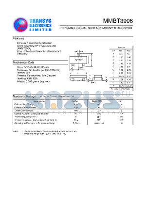 MMBT3906 datasheet - PNP SMALL SIGNAL SURFACE MOUNT TRANSISTOR