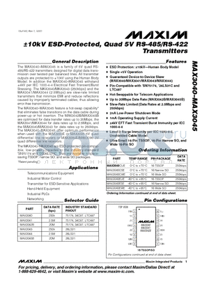 MAX3040 datasheet - a10kV ESD-Protected, Quad 5V RS-485/RS-422 Transmitters