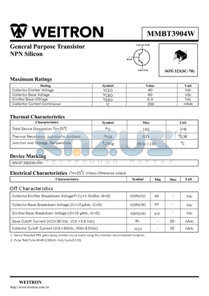 MMBT3904W datasheet - General Purpose Transistor NPN Silicon