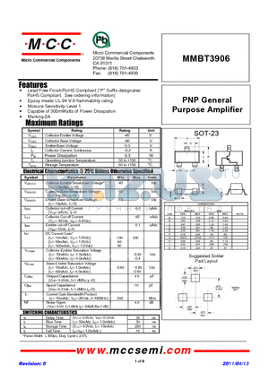 MMBT3906 datasheet - PNP General Purpose Amplifier