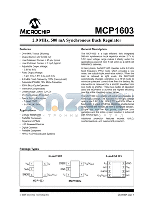 MCP1603T-180I/MC datasheet - 2.0 MHz, 500 mA Synchronous Buck Regulator