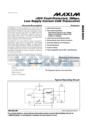 MAX3053 datasheet - a80V Fault-Protected, 2Mbps, Low Supply Current CAN Transceiver