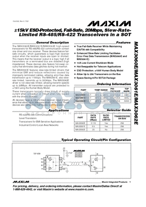 MAX3062EEKA-T datasheet - 15kV ESD-Protected, Fail-Safe, 20Mbps, Slew-Rate-Limited RS-485/RS-422 Transceivers in a SOT