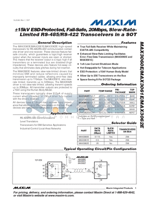 MAX3062EEKA-T datasheet - 15kV ESD-Protected, Fail-Safe, 20Mbps, Slew-Rate-Limited RS-485/RS-422 Transceivers in a SOT