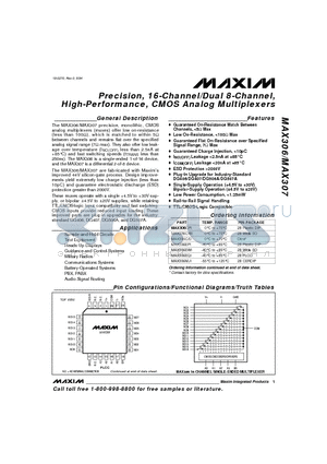 MAX306MJI datasheet - Precision, 16-Channel/Dual 8-Channel, High-Performance, CMOS Analog Multiplexers