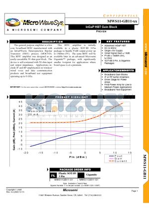 MWS11 datasheet - InGaP HBT Gain Block