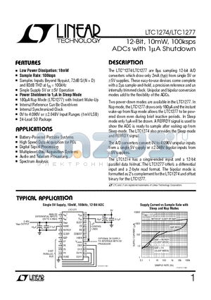 LTC1274 datasheet - 12-Bit, 10mW, 100ksps ADCs with 1uA Shutdown