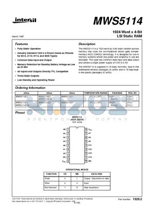 MWS5114 datasheet - 1024-Word x 4-Bit LSI Static RAM