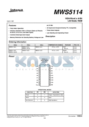 MWS5114D3X datasheet - 1024-Word x 4-Bit LSI Static RAM