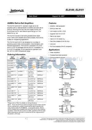 EL8100ISZ-T7 datasheet - 200MHz Rail-to-Rail Amplifiers