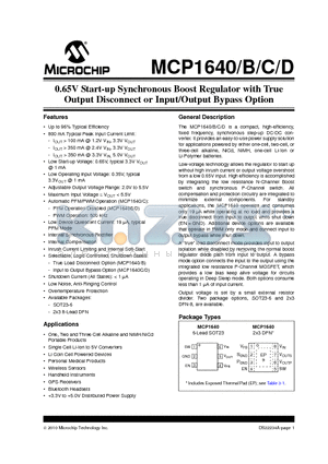 MCP1640C datasheet - 0.65V Start-up Synchronous Boost Regulator with True Output Disconnect or Input/Output Bypass Option