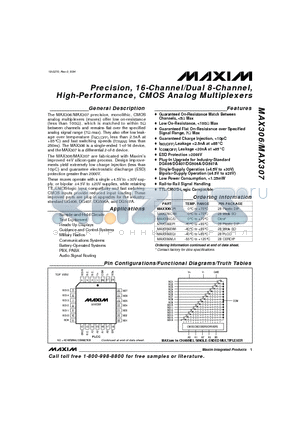 MAX307EQI datasheet - Precision, 16-Channel/Dual 8-Channel, High-Performance, CMOS Analog Multiplexers