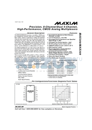 MAX308 datasheet - Precision, 8-Channel/Dual 4-Channel, High-Performance, CMOS Analog Multiplexers