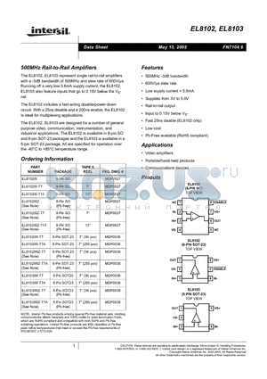 EL8102 datasheet - 500MHz Rail-to-Rail Amplifiers