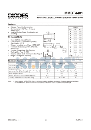 MMBT4401-7 datasheet - NPN SMALL SIGNAL SURFACE MOUNT TRANSISTOR