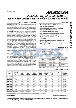 MAX3082CPA datasheet - Fail-Safe, High-Speed 10Mbps, Slew-Rate-Limited RS-485/RS-422 Transceivers