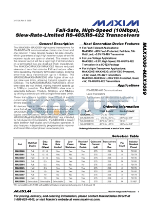 MAX3082CPA datasheet - Fail-Safe, High-Speed (10Mbps),Slew-Rate-Limited RS-485/RS-422 Transceivers