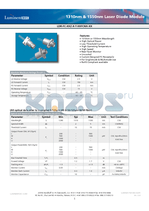 LDR-FC-31Z-L-T-ASFCNL datasheet - 1310nm & 1550nm Laser Diode Module