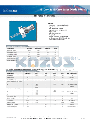 LDR-FC-31Z-L-T-DSSTNB-G5 datasheet - 1310nm & 1550nm Laser Diode Module