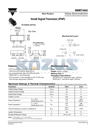 MMBT4403 datasheet - Small Signal Transistor (PNP)