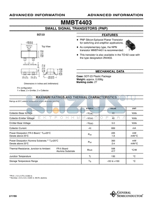 MMBT4403 datasheet - SMALL SIGNAL TRANSISTORS (PNP)