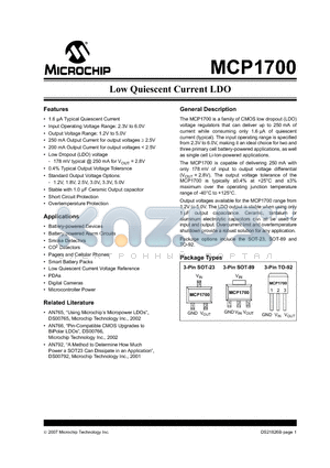 MCP1700T-2502ETO datasheet - Low Quiescent Current LDO