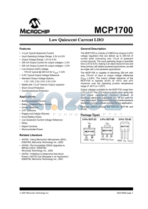 MCP1700T-3002ETO datasheet - Low Quiescent Current LDO