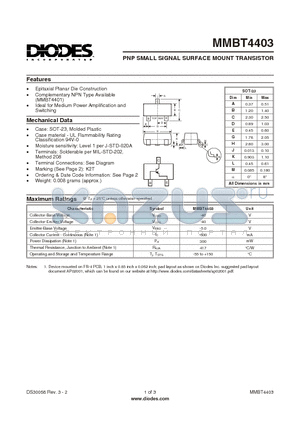 MMBT4403-7 datasheet - PNP SMALL SIGNAL SURFACE MOUNT TRANSISTOR