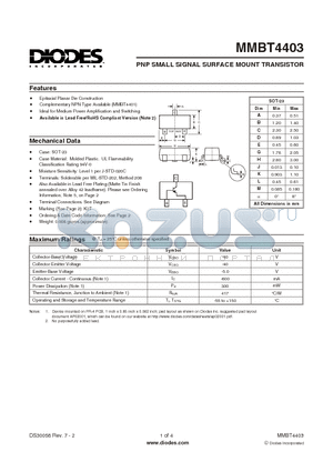 MMBT4403-7 datasheet - PNP SMALL SIGNAL SURFACE MOUNT TRANSISTOR