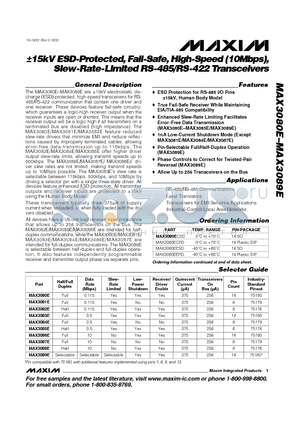 MAX3087ECPA datasheet - a15kVESD-Protected,Fail-Safe,High-Speed (10Mbps), Slew-Rate-Limited RS-485/RS-422 Transceivers