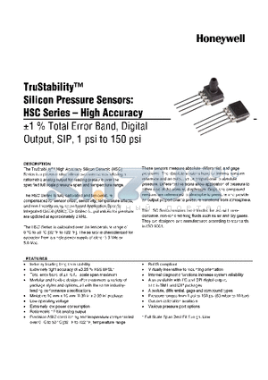 HSCSANN100PA6A5 datasheet - TruStability silicon Pressure Sensors: HSC Series-High Accuracy -1% total Error band,Analog output,SIP,1 psi to 150 psi