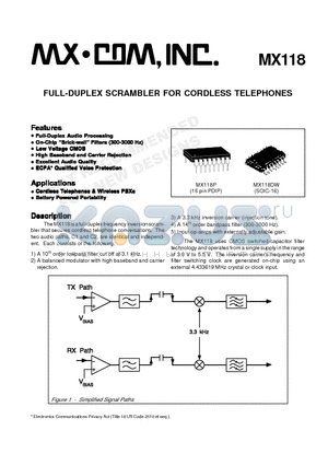 MX118 datasheet - FULL-DUPLEX SCRAMBLER FOR CORDLESS TELEPHONES