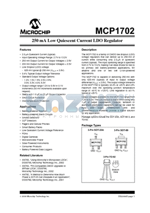 MCP1702-1501E/MB datasheet - 250 mA Low Quiescent Current LDO Regulator